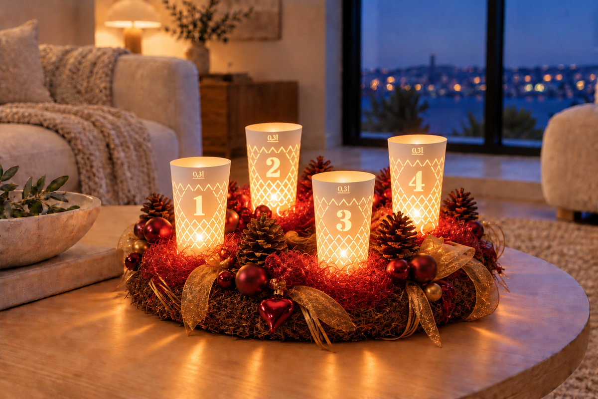 Geripptes Licht 4er Set Advent weiß, Apfelweinglas Teelicht Schirme - Andrea Moseler