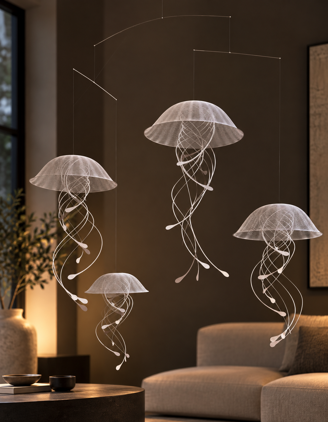 Quallen Mobile Jellindas mit 4 Quallen Skulpturen | Moderne maritime Wohndeko 3D Kunst für Badezimmer & Wohnbereich | Made in Germany